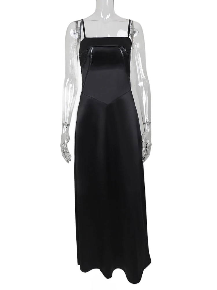 

Solid Color Sexy Sleeveless Spaghetti Straps Backless Lace Up Black Formal Evening Dress