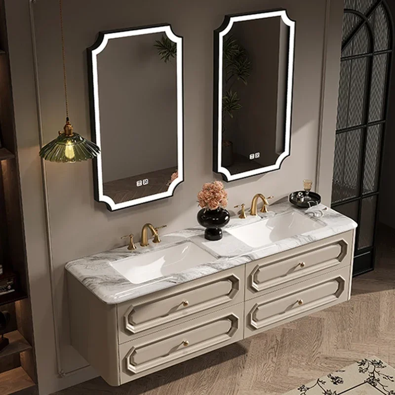 

French Retro Bathroom Cabinet Luxury Stone Integrated Ceramic Basin Bathroom Solid Wood Bathroom Wash Cabinet Combination