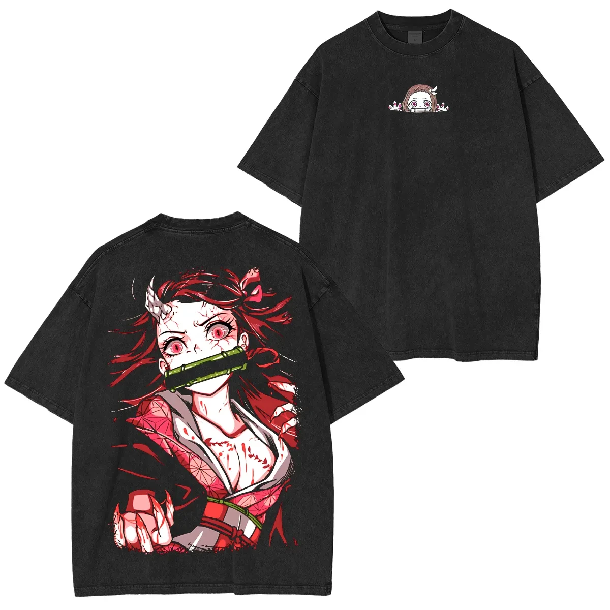

Demon Slayer Nezuko Kamado Demon Rage Red Blood Acid Wash Oversized Black T-Shirt 2026 Summer Streetwear Anime Graphic Tee