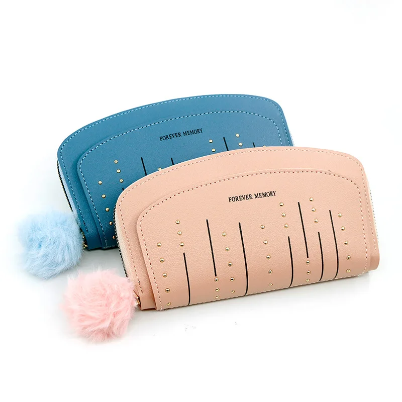 Personality New Ladies Purse Fashion Rivet Fur Ball Pu Long Wallet Card Bag Clutch Bag Zipper