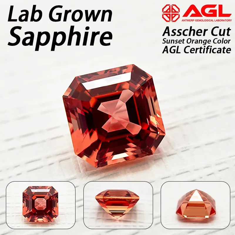 

Lab Grown Sapphire Asscher Cut Sunset Orange Color Gemstone for DIY Jewelry Making Inlay Ring Necklace Selectable Certificate