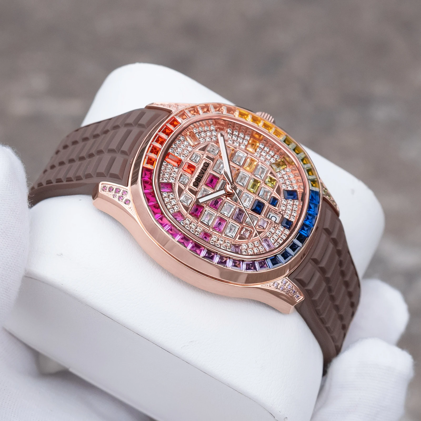OBLVLO Men's Rose Gold Watch Full Colorful Diamonds Luminous Hands 50m Waterproof Silicone Strap Sport Automatic FM-DSL