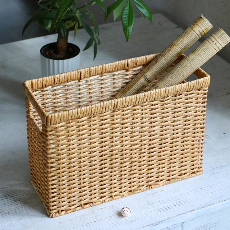 Japanese Hand-Woven Storage Basket Grass Woven Storage Box Sundries Magazine Storage Basket Desktop Organizer