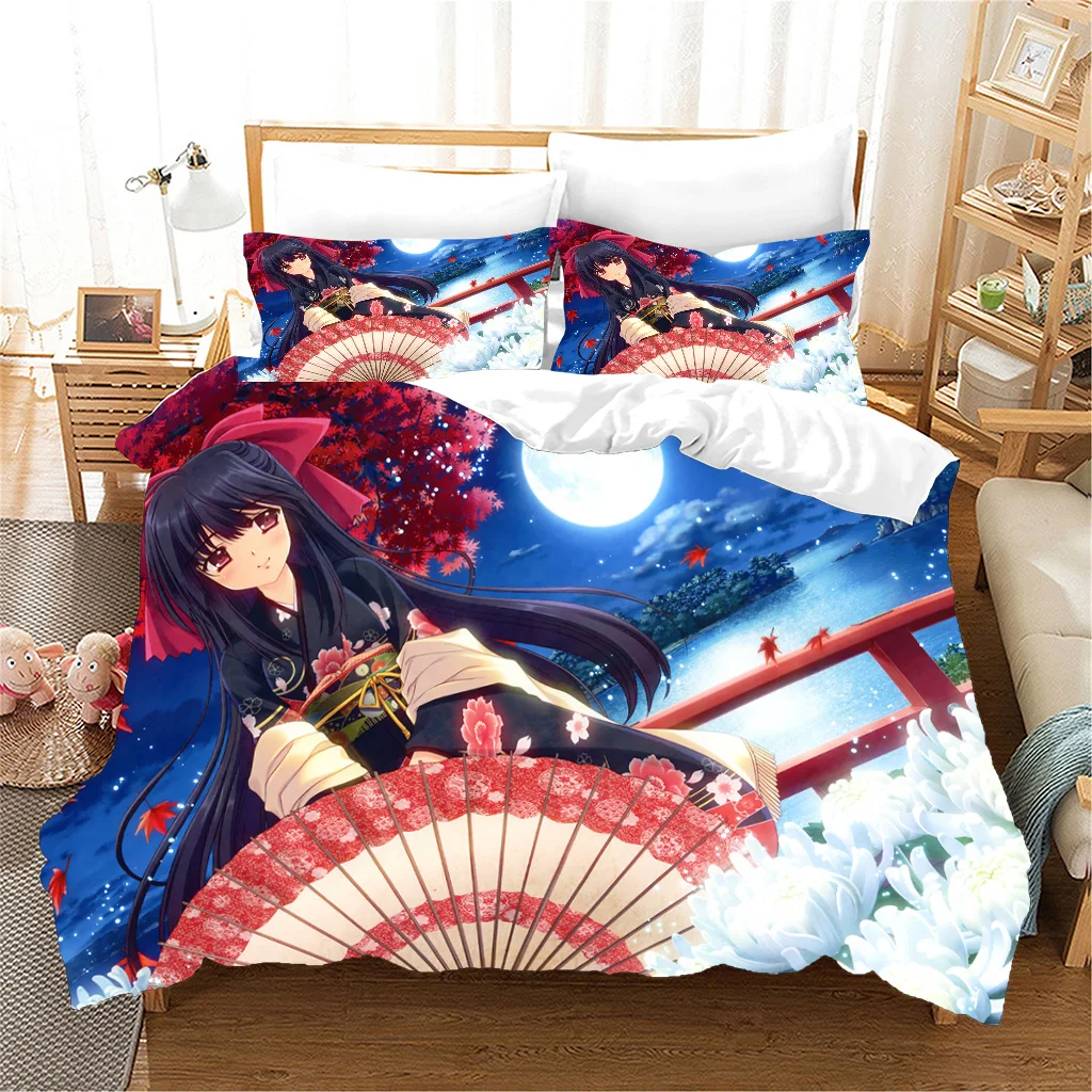 3pcs Bedding Sets Japanese Cartoon Anime Kimono GIrl Under the Cherry Tree Double Bed Duvet Cover Set and 2pcs Pillow cover