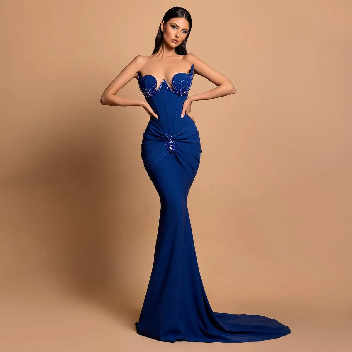 2024 New Royal Blue Mermaid Evening Dresses Sparkly Beaded Sweetheart Stretch Satin Formal Party Dress Prom Gown Custom Made