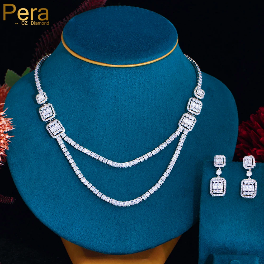 Pera Exquisite Baugette Charm Cubic Zirconia Multiple Layers Drop Necklace and Earring for Women Wedding Party Jewelry Sets J507