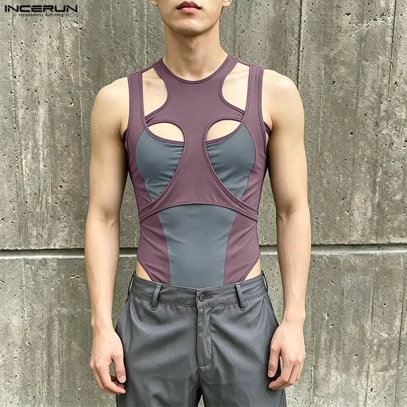 INCERUN Herren-Bodysuits, Tank-Tops, Patchwork, Farbblock, ausgehöhlte Overalls für Herren, Playsuits, Tops, sexy ärmelloser Body, S-3XL