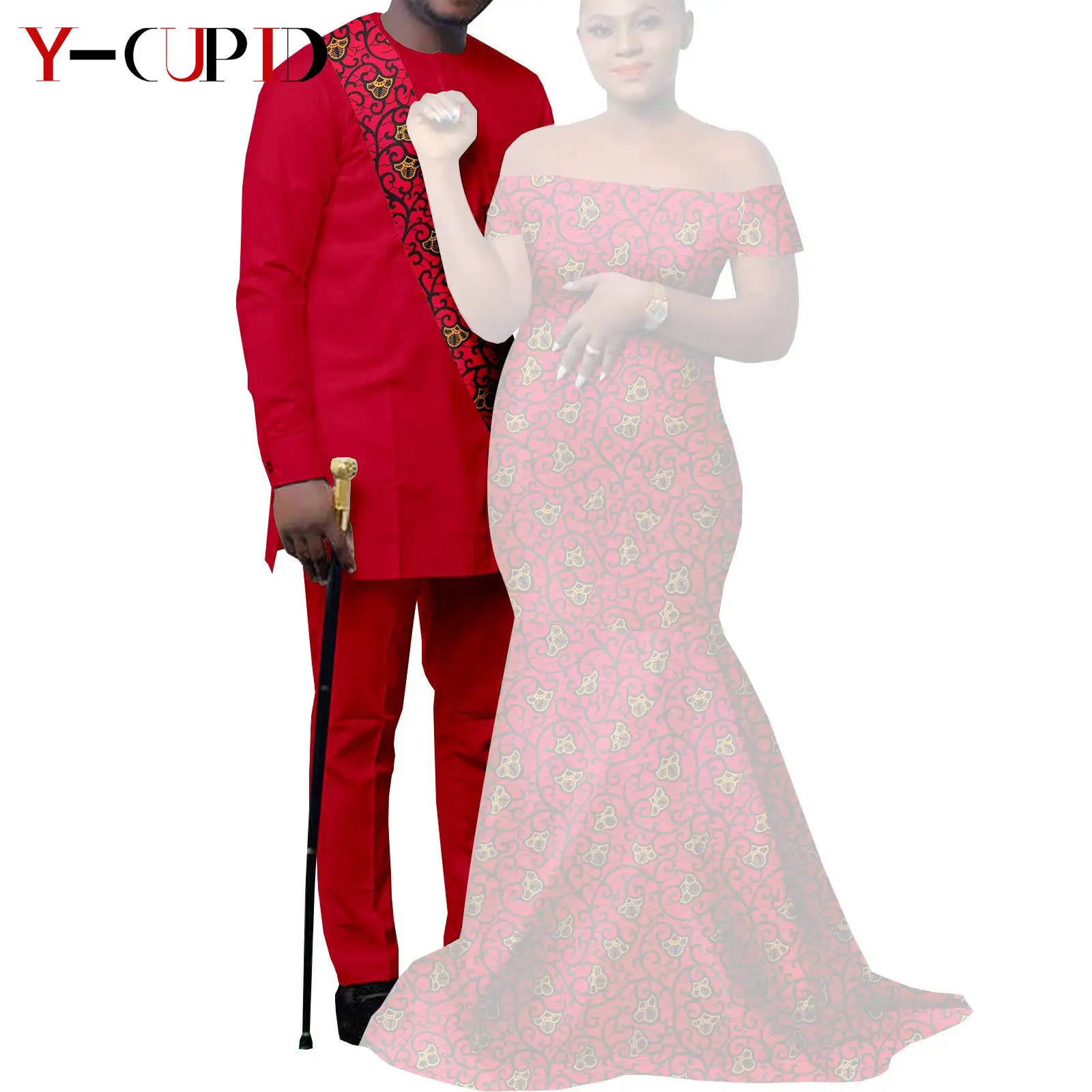 African Clothes for Couples Bazin African Print Long Dresses for Women Match Men Outfits Dashiki Top and Pants Sets Y22C023
