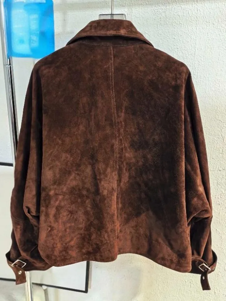 أزياء المرأة الجديدة فضفاضة الجلد المدبوغ سترة جلدية حقيقية رفض طوق واحدة الصدر جلد الغنم تصميم قصير معطف الإناث الخريف