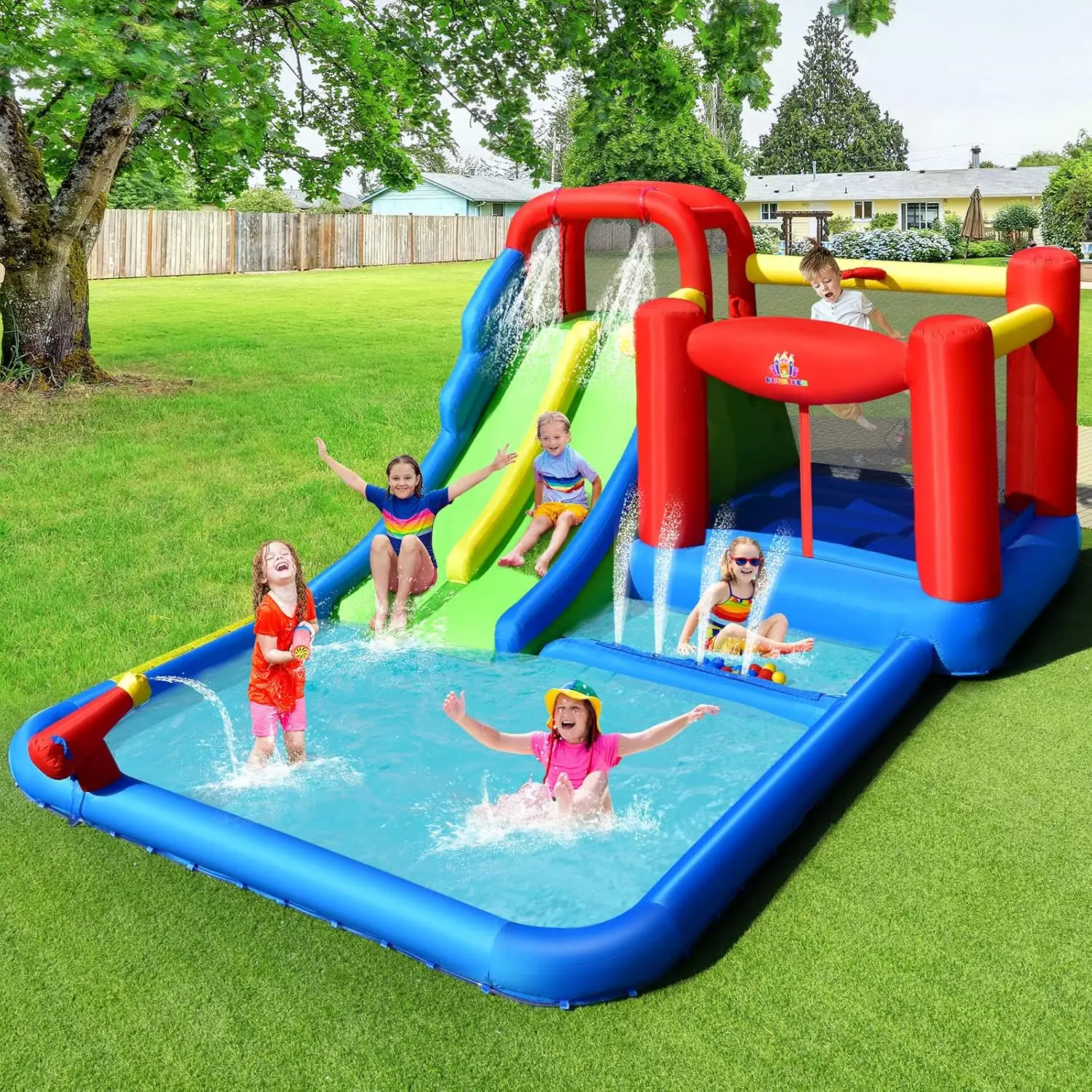Nadmuchiwana zjeżdżalnia wodna, Mega woda Bounce House z 2 zjeżdżalniami i basen z piłkami na sucho dla dzieci na świeżym powietrzu na podwórku z basenem,
