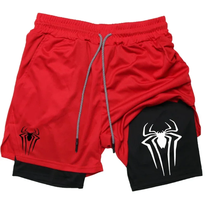 Men\'s spider print gym casual sports compression shorts run mesh 2-in-1 sports  shorts men