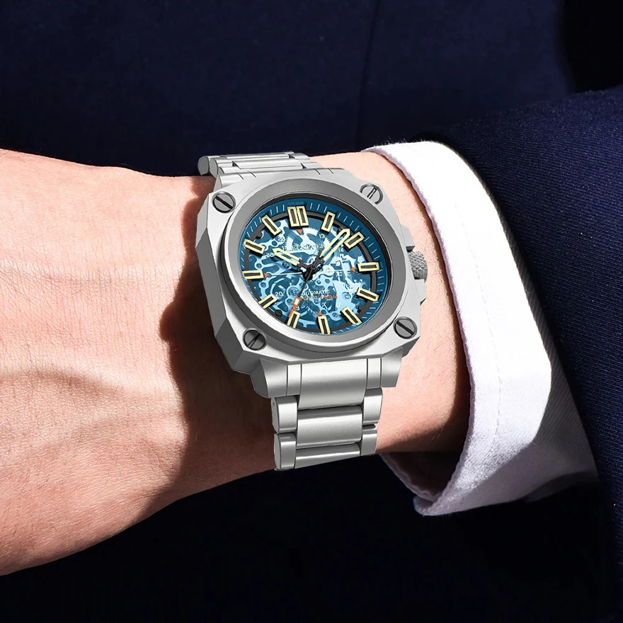 FeelNever Orologio meccanico da uomo di lusso alla moda Squisito orologio da uomo automatico impermeabile in acciaio inossidabile cavo da lavoro 100M