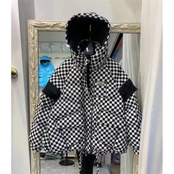 2024 Winter Korean Hooded Plaid Short Cotton Jacket Brown Green Black Loose Pocket Down Cotton Parkas Female Snowwear Outwear