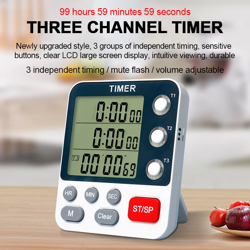 

3 Channels Kitchen Timer 100 Hours Countdown Timer For Shower Study Stopwatch 3-Alarms Reminder Clock with Bracket/Magnet/Hole