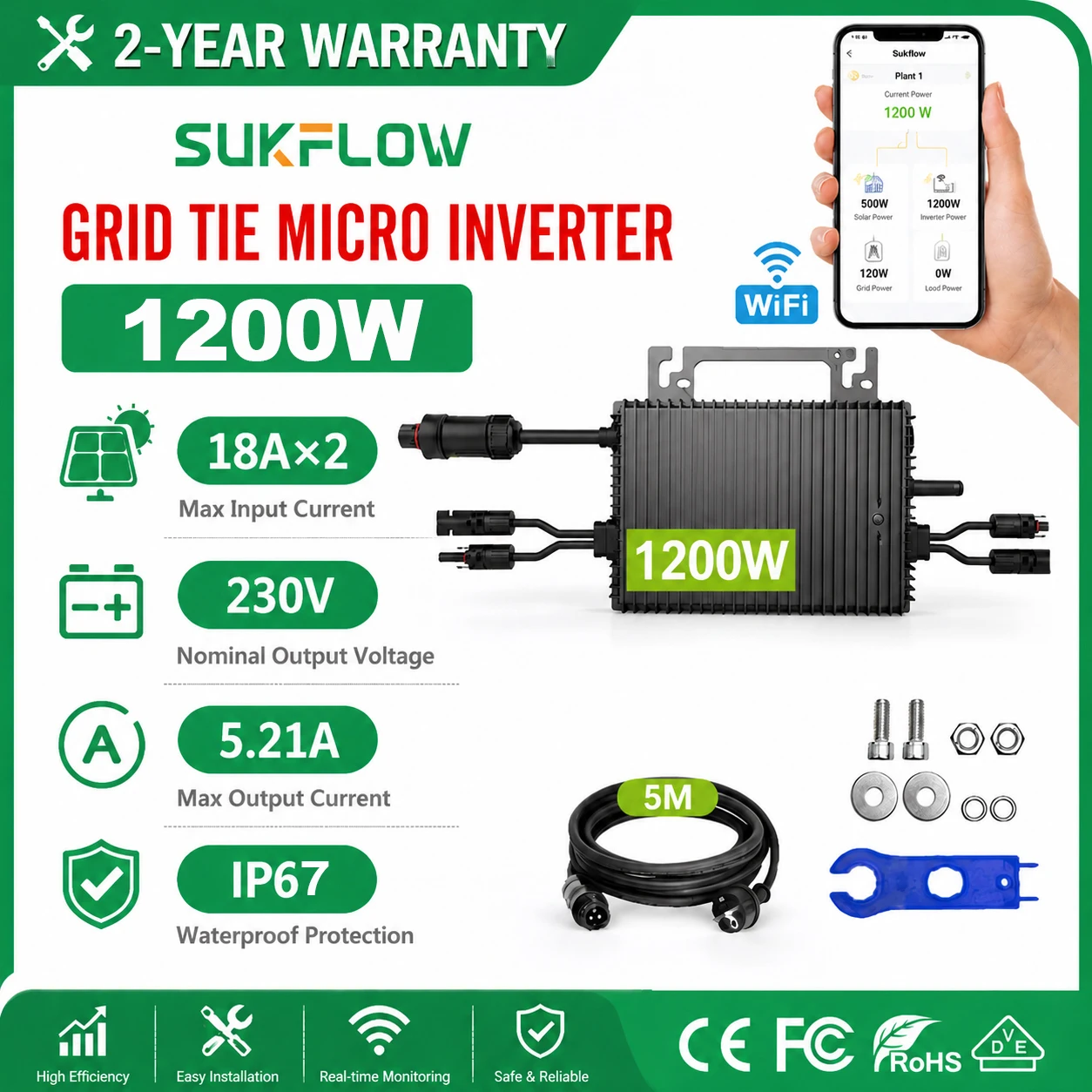 1200W Balcony Solar Micro Inverter IP67 Waterproof Grid Tie Inverter 230V for Home Solar System, DC16-60V to AC Output with WiFi