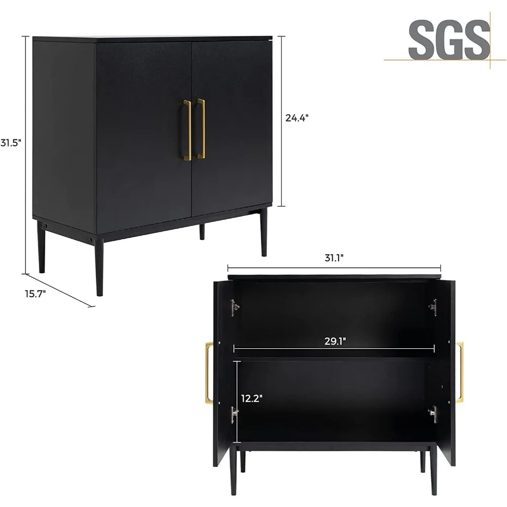 Set of 2 Black Side Storage Cabinet, Free Standing Cabinets, Wood Accent Cabinet with Doors, Black Sideboard for Bedroom, Kitche