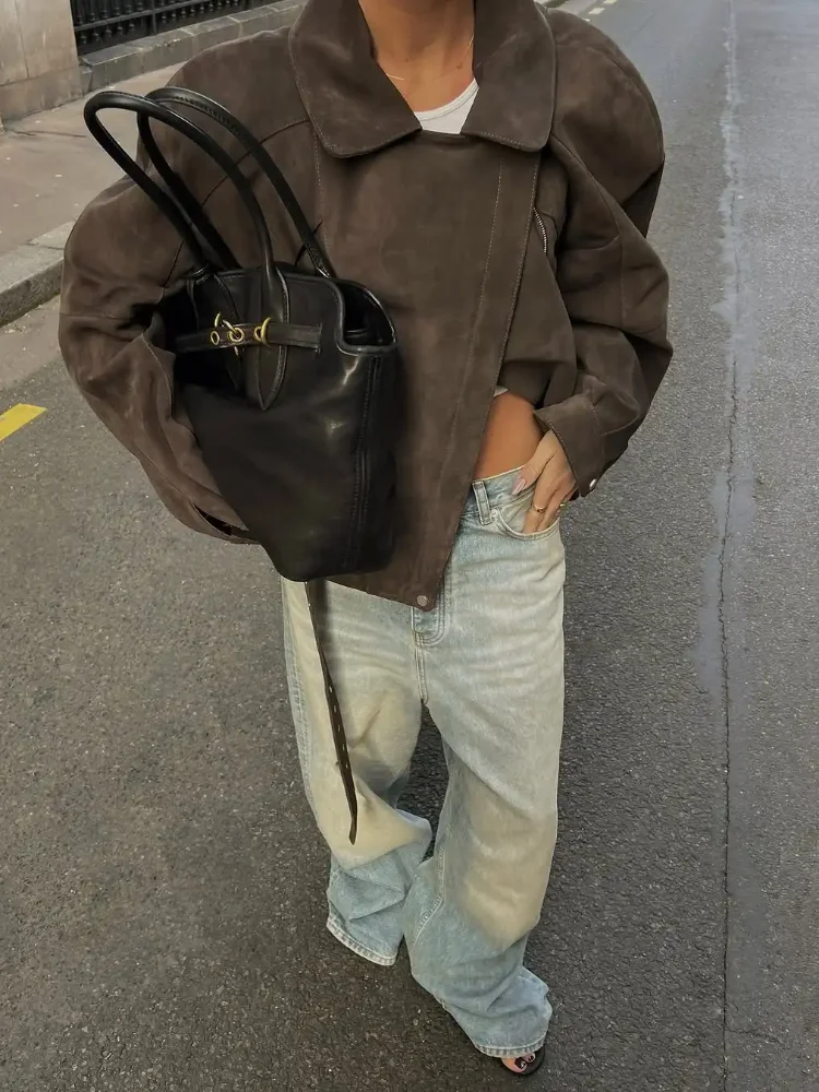 

Vintage Women Solid Collar Short Jackets Fashion Full Sleeves Brown Belt Pocket Loose Coats Autumn Casual High Street Outerwears