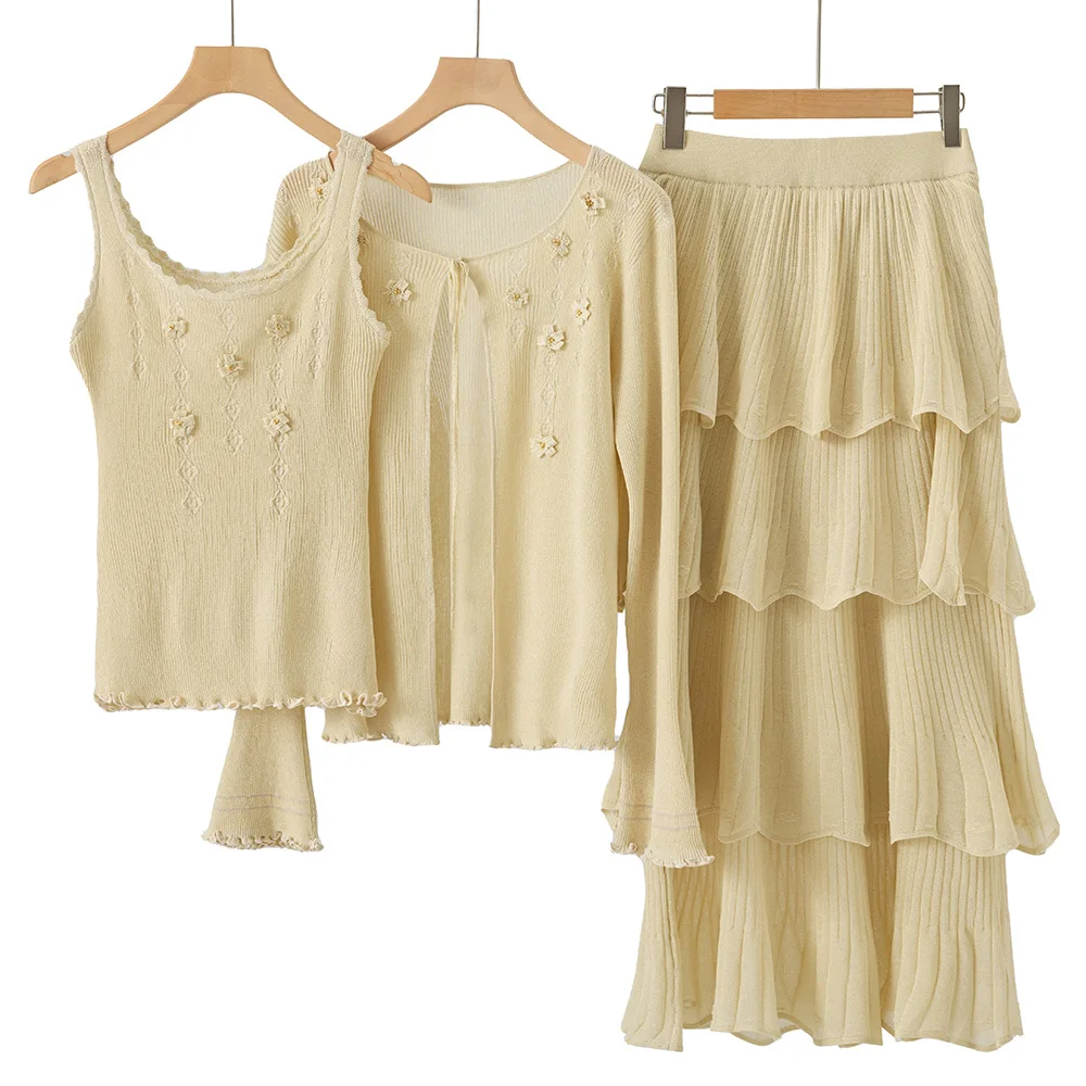2026 In Stock Lady Fashion O-neck Flared Long Sleeve Lace-up Cardigan Vest Layers Ruffles Midi Skirt Women Solid Knits 3pcs