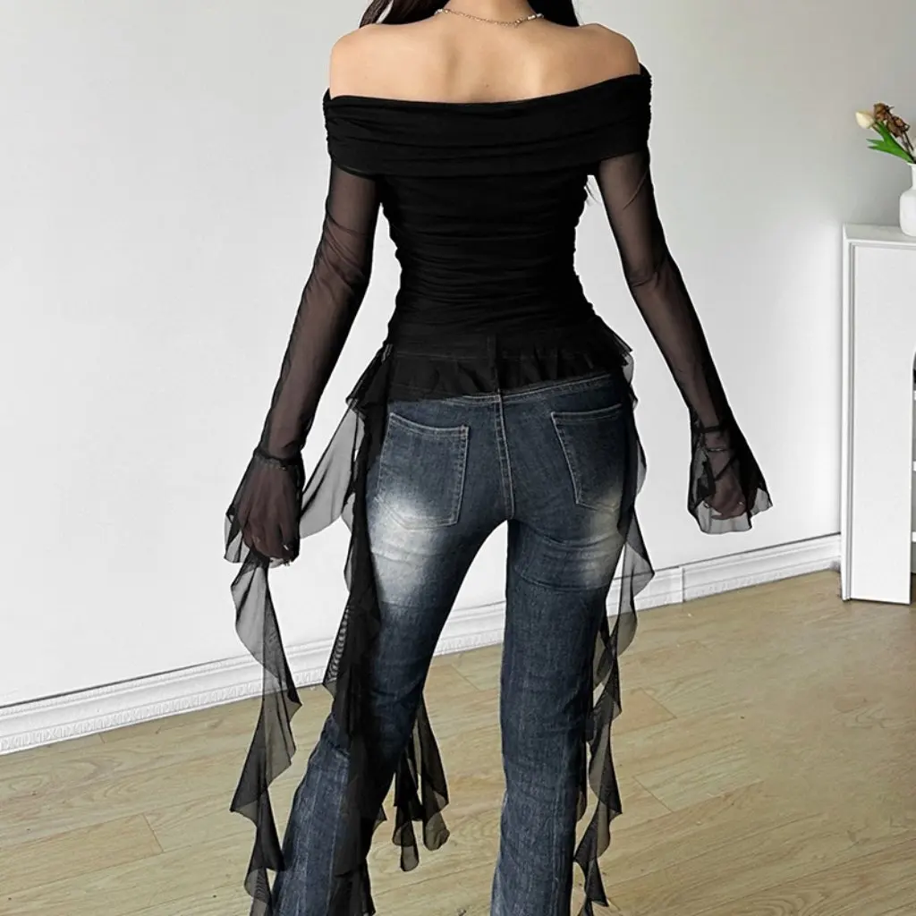 

Women's Slim-fit Long-sleeved T-shirt European Style Solid Color Street Fashion One-character Collar Autumn Top Backless Design