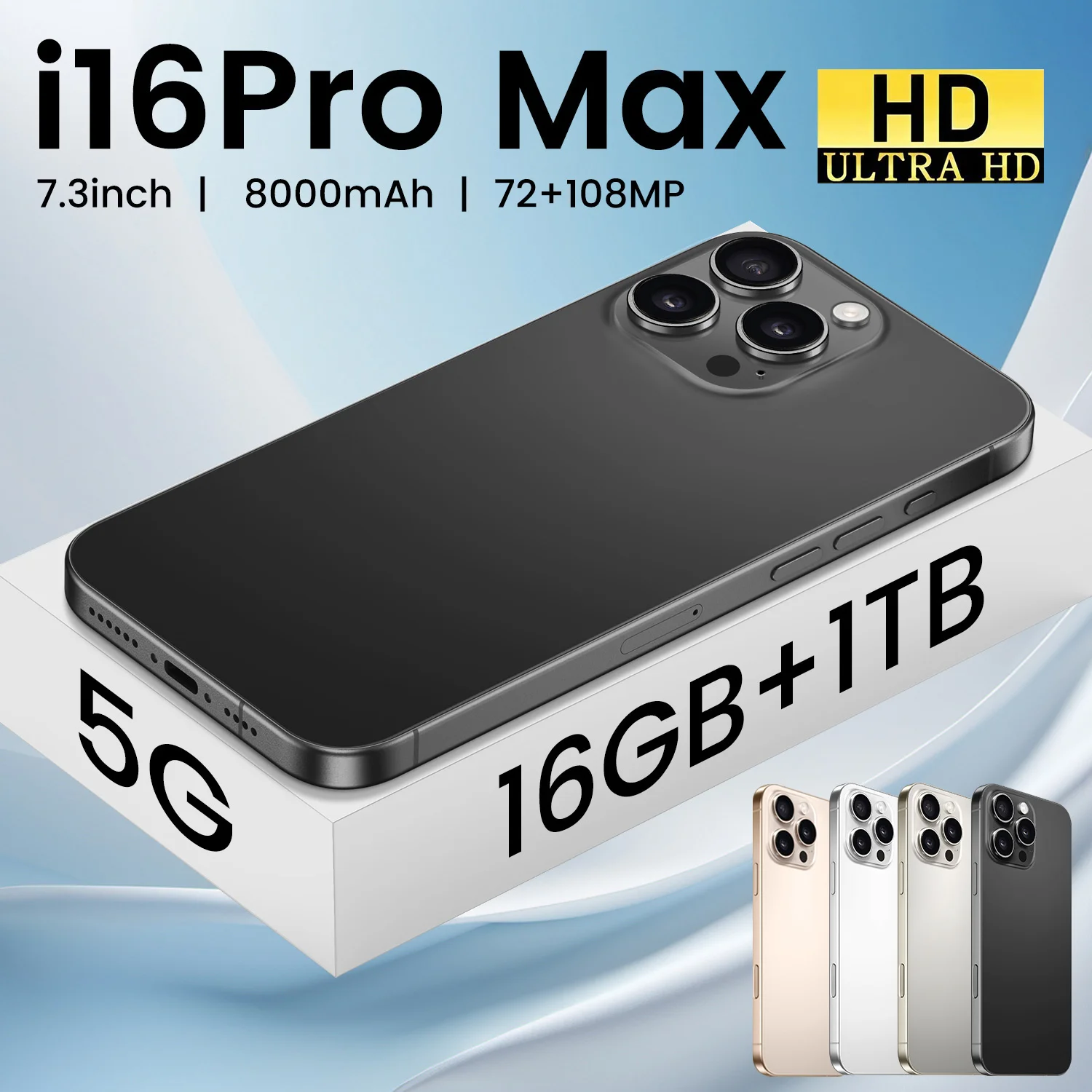 HOT i16 Pro Max オリジナル インテリジェント 5G デュアルSIM Android14 システム グローバル版 6800mAhバッテリー 顔認証機能