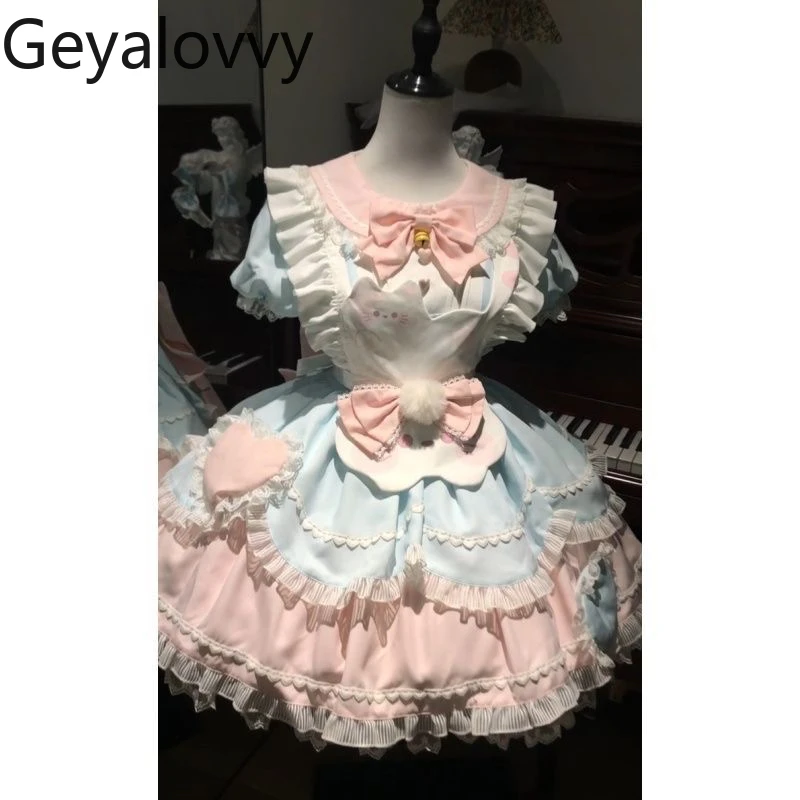 

Sweet Cute Girls Lolita Doll Collar High Waist Dress Summer Short Sleeve Bow Lace Birthday Party Cake Fluffy Princess Dresses