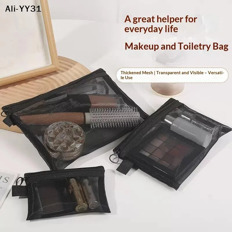 【Y】1Pcs Portable Travel Toiletry Organizer Case Mesh Clear Cosmetic Bags Small Large Black Makeup Bag Lipstick Storage Pouch