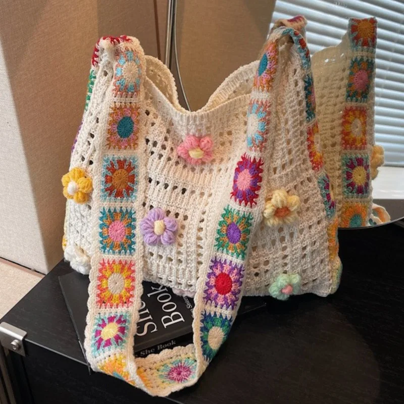 Bolso de Ganchillo Boho para Mujer, Bolsos Tejidos con Flores de Diseño, Gran Capacidad, Bolso de Hombro Tejido para Playa de Verano, Bolso Tote para Chicas