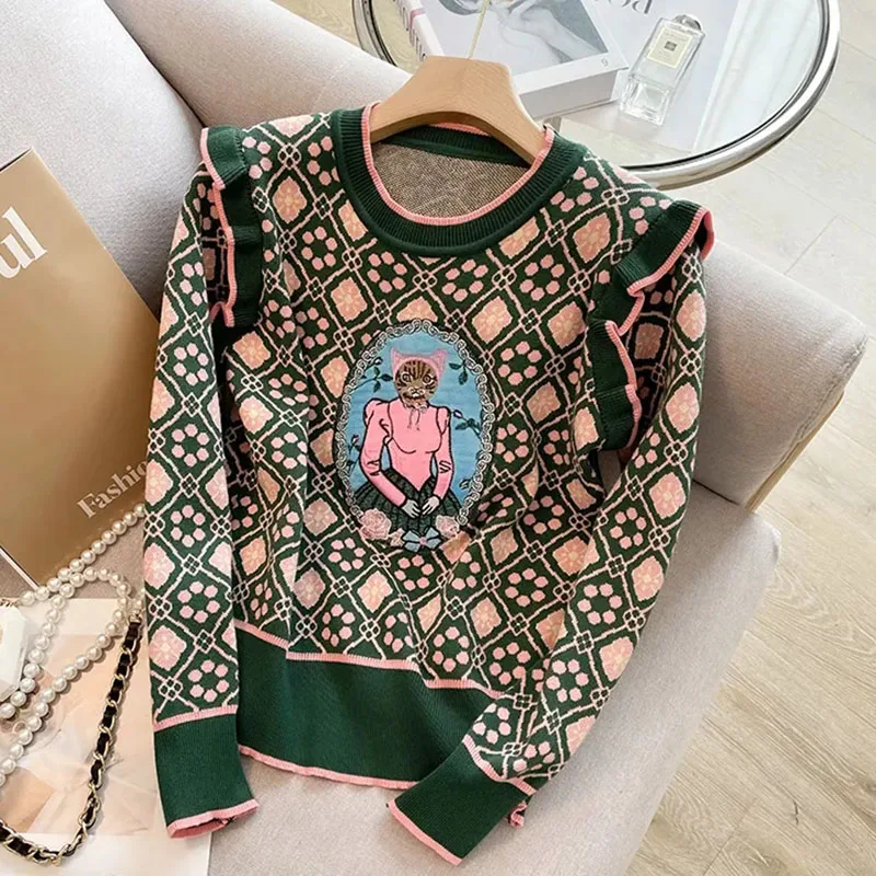 Ruffles Sweater Pullover Women Vintage Cartoon Embroidery Knitwear y2k Tops Female Spring Long Sleeve Woman Sweater Jumper