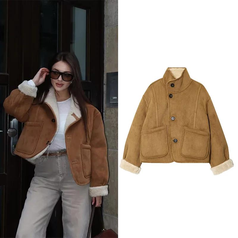 

Женская двусторонняя куртка HipSeam, осенняя повседневная куртка с высоким воротником и длинными рукавами, женские двусторонние пальто из искусственной замши, женские шикарные топы