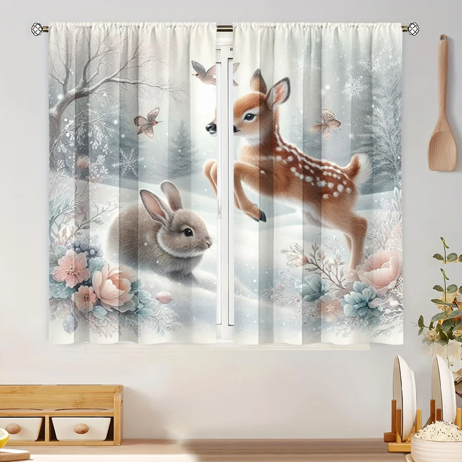 2PCS Digital Print Curtain, Baby Deer and Rabbit in Snowy Forest with Flowers and Butterflies, Dreamy Winter, for Bedroom Decor