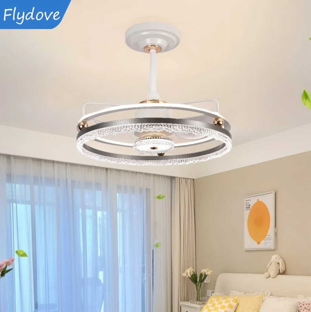 Modern Crystal Metal Luxury Ceiling Fan Light Living Room Bedroom Simple Restaurant Silent LED Invisible Blade Home Decor