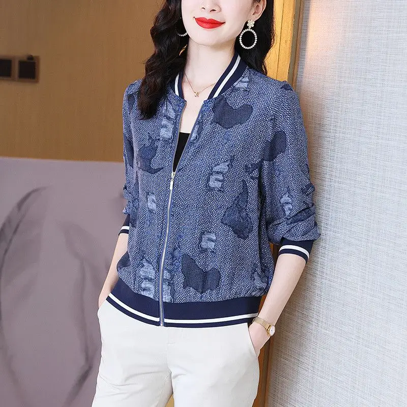 Woman Ice Silk Print Shirt Long-sleeved Summer Jacket Female Sun Protection Clothing Wear Blouse Ladies Chiffon Sunscreen G432