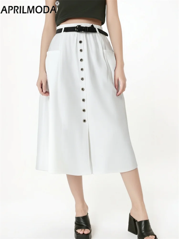

High Elastic Waist Summer Solid Casual Shirt Midi Long Skirt Single Breasted Button All-match Pocket Cotton Loose A Line Skirts