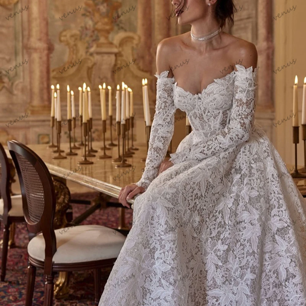 فساتين زفاف رائعة A Line فساتين زفاف براقة دانتيل زينة قبالة الكتف رداء Vestidos De Novia مخصص 2025