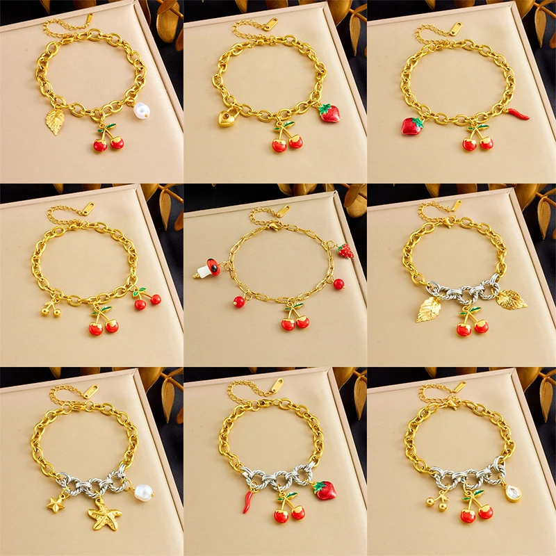 Cherry and strawberry gold-plated titanium steel color-retaining bracelet, light luxury versatile color-blocking bracelet