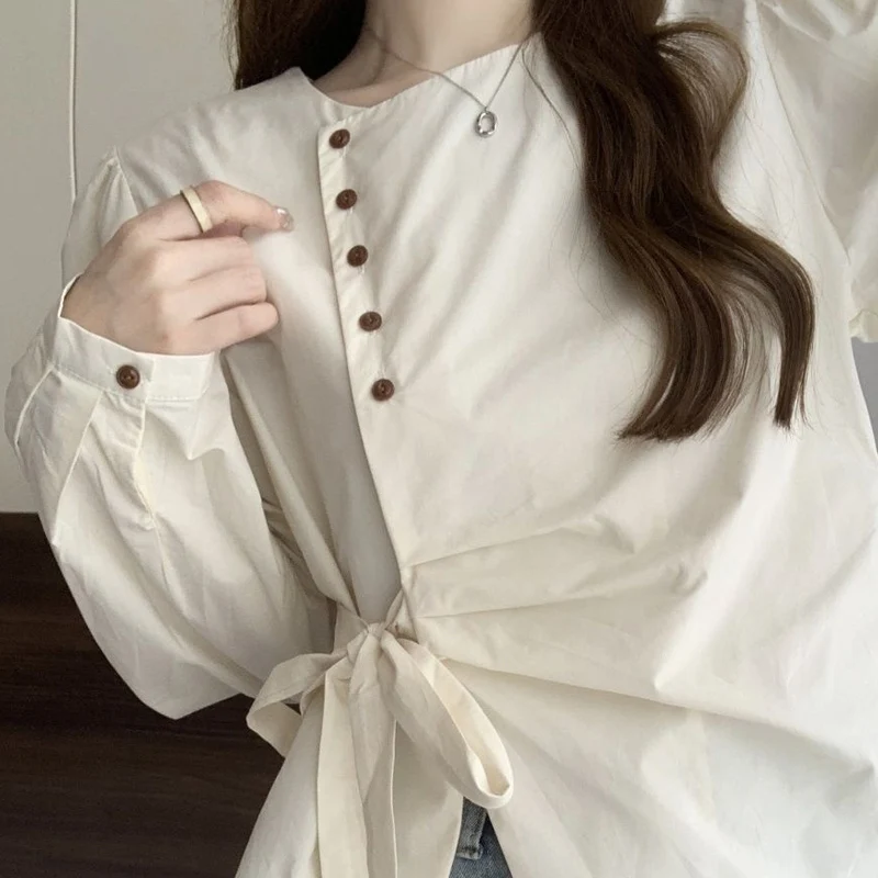 Spring Autumn New Solid Color Round Neck Long Sleeve Fashion Shirt Women High Street Button Lacing Bow Cardigan Elegant Tops