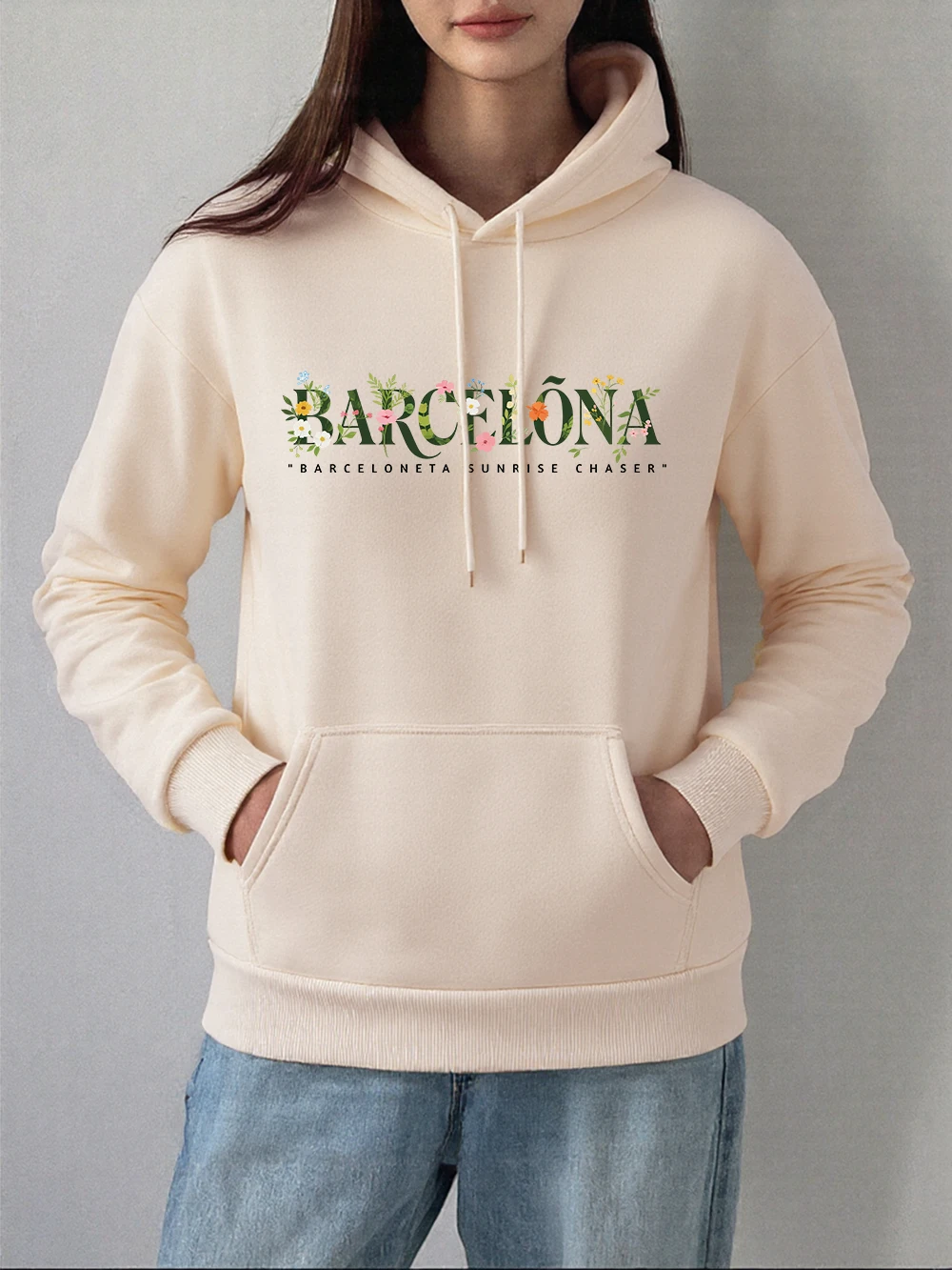 Barcelona barceloneta carta imprime hoodies feminino casual solto pullovers básicos bolso camisolas de inverno velo roupas quentes
