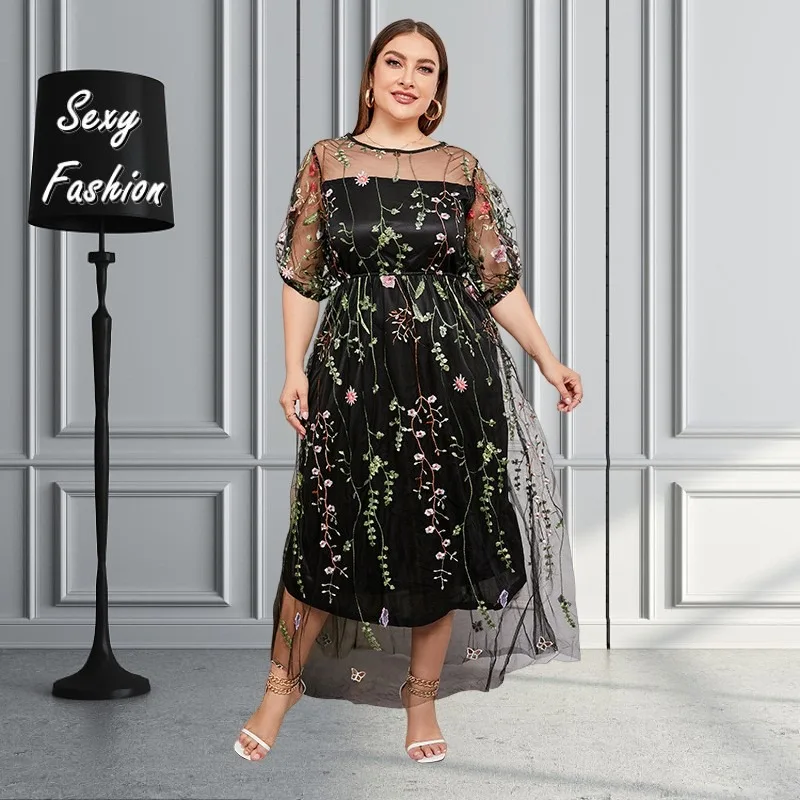 L-5XL 2023 Summer Women Clothing Plus Size Dresses Short Sleeve Mesh Embroider Noble Casual Elegant Evening Dress Dropshipping