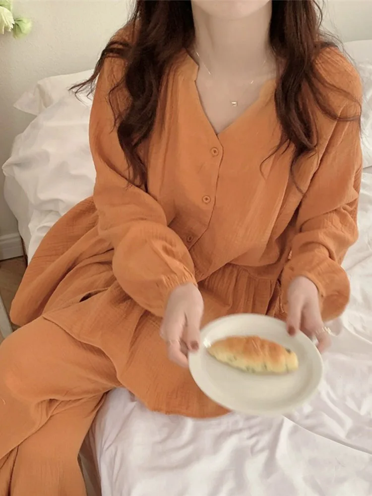 Ropa de Dormir de Aodón Puro para Mujer, Otoño Invierno, Nueva, Informal, Simple, Dulce, a la Moda, Conjunto de Ropa de Cas...