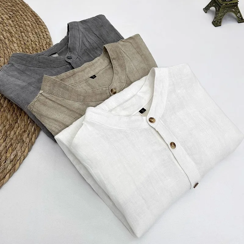 

High-End Pure Linen Men's ort-Sve irt Stand Collar f Sve T-irt Breathable Summer Casual Cotton-Linen Blend