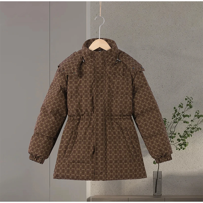 Upgraded Thickened Allover Printed Mid Length Padded Coat Stand Collar Drawstring Waist Windproof 2026 Winter Women Outer Jacket