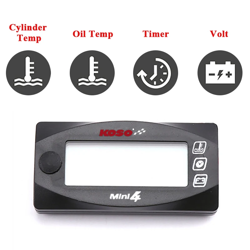 Koso Oil Temperature Meter Universal Motorcycle Oil Temperature Cylinder temp Time Volt  4 in 1 Dual Temp LCD Digital Display