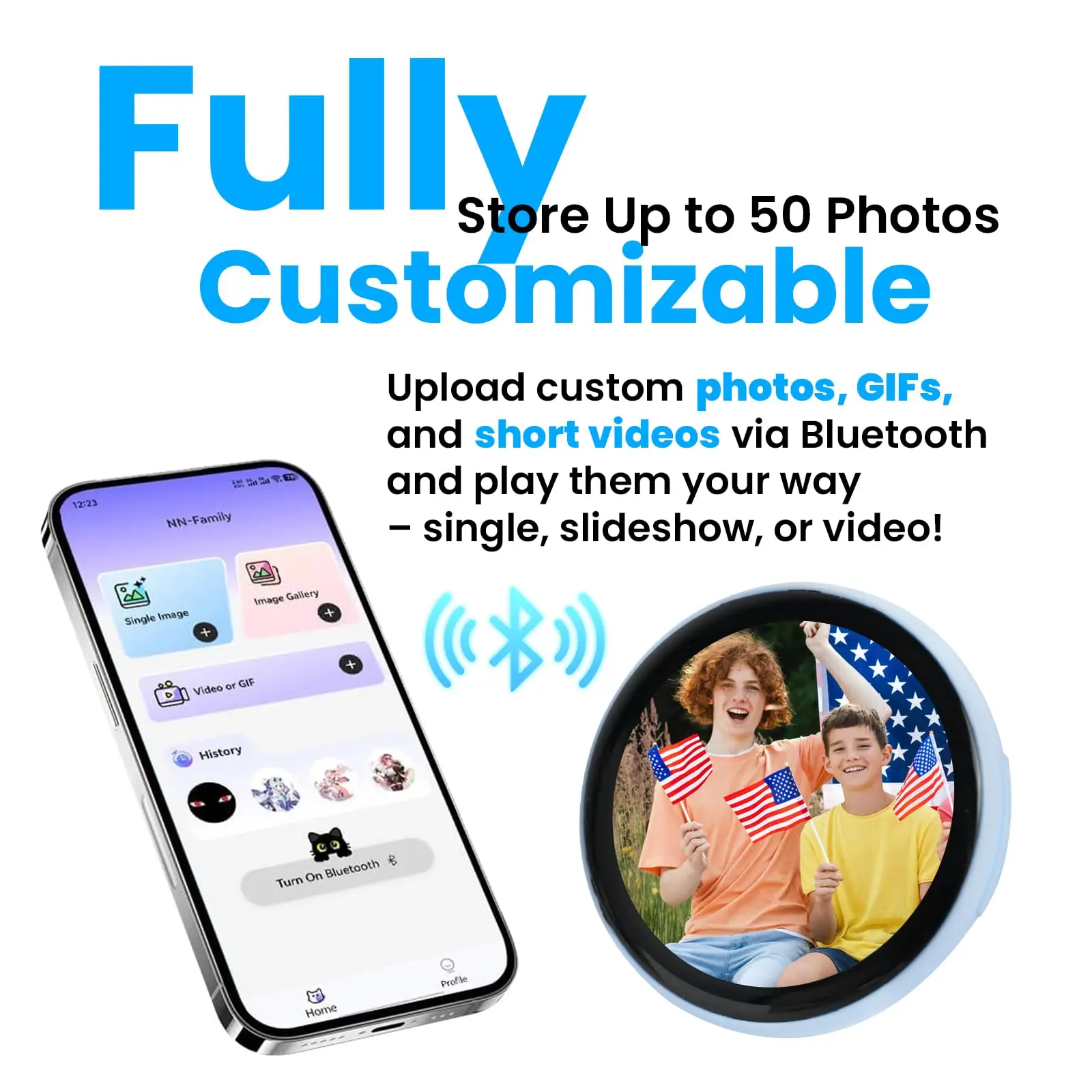 Bluetooth Electronic Badge 1.53'' Touchscreen Smart Digital Pin Display AI Creative Gift with Lanyard for Anime Action Picture