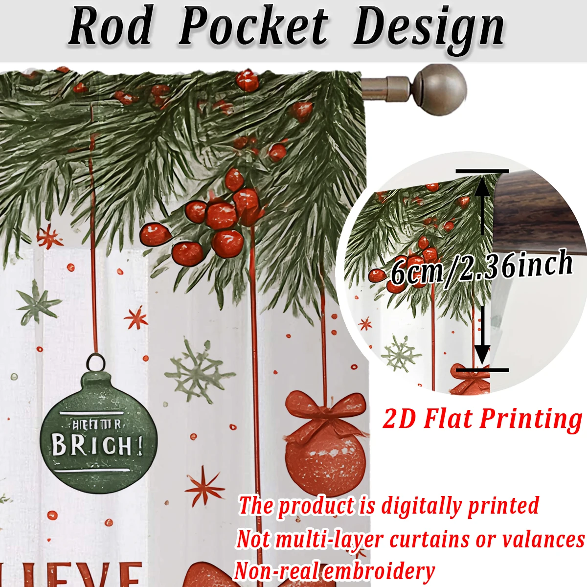 Christmas Flat Printing Sheer Curtain with Christmas Ball Snowflak Pine Branch for Living Room Bedroom Decor Holiday Party