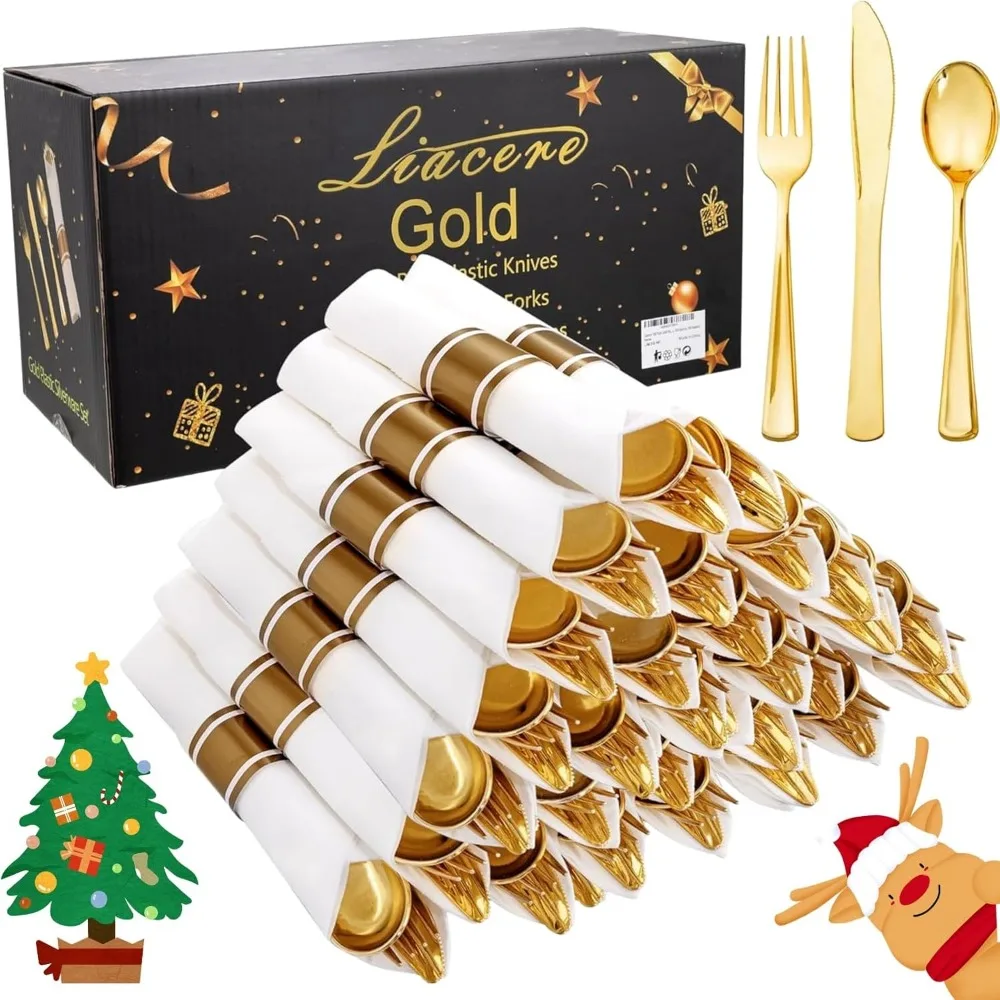

100-Pack Gold Plastic Cutlery Set with Napkins: Disposable Forks, Knives, Spoons for Parties & Holidays