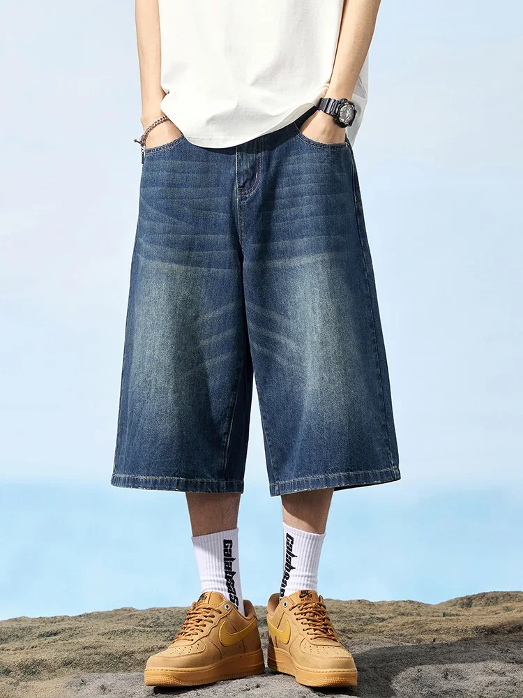 

Pop Vintage Men's Streetwear Denim Shorts Fashion Korean Loose Straight Jeans Casual Personality Wide Baggy Short Pants Male