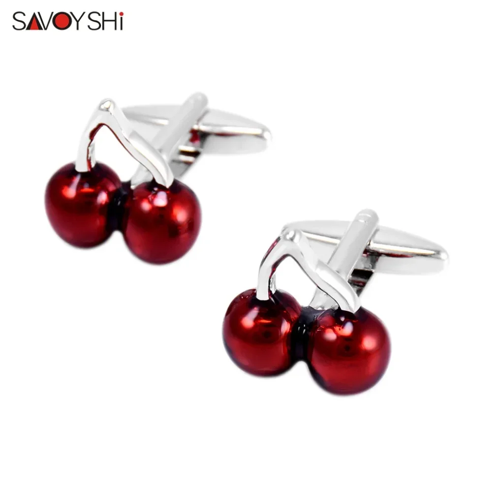 SAVOYSHI Red Enamel Cherry Cuff Link Mens Shirt Cufflinks High Quality Wedding Groom Gift Jewelry Free custom name