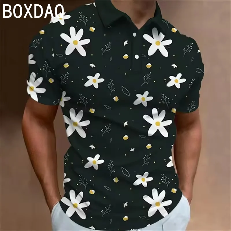 Men's Casual Sport Polo Shirt Fashion 3D Flower Pattern Comfort Personality Polos Summer Lapel Short Sleeve Big Size Shirt Tops