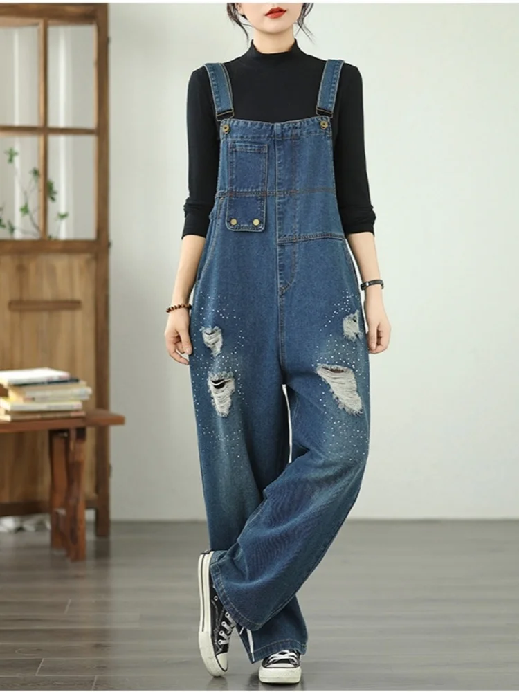 

High Waist Hole Wide Leg Denim Overalls Women's Spring Summer Rhinestone New Style Slimming Salt Series Milk Workwear Onesie