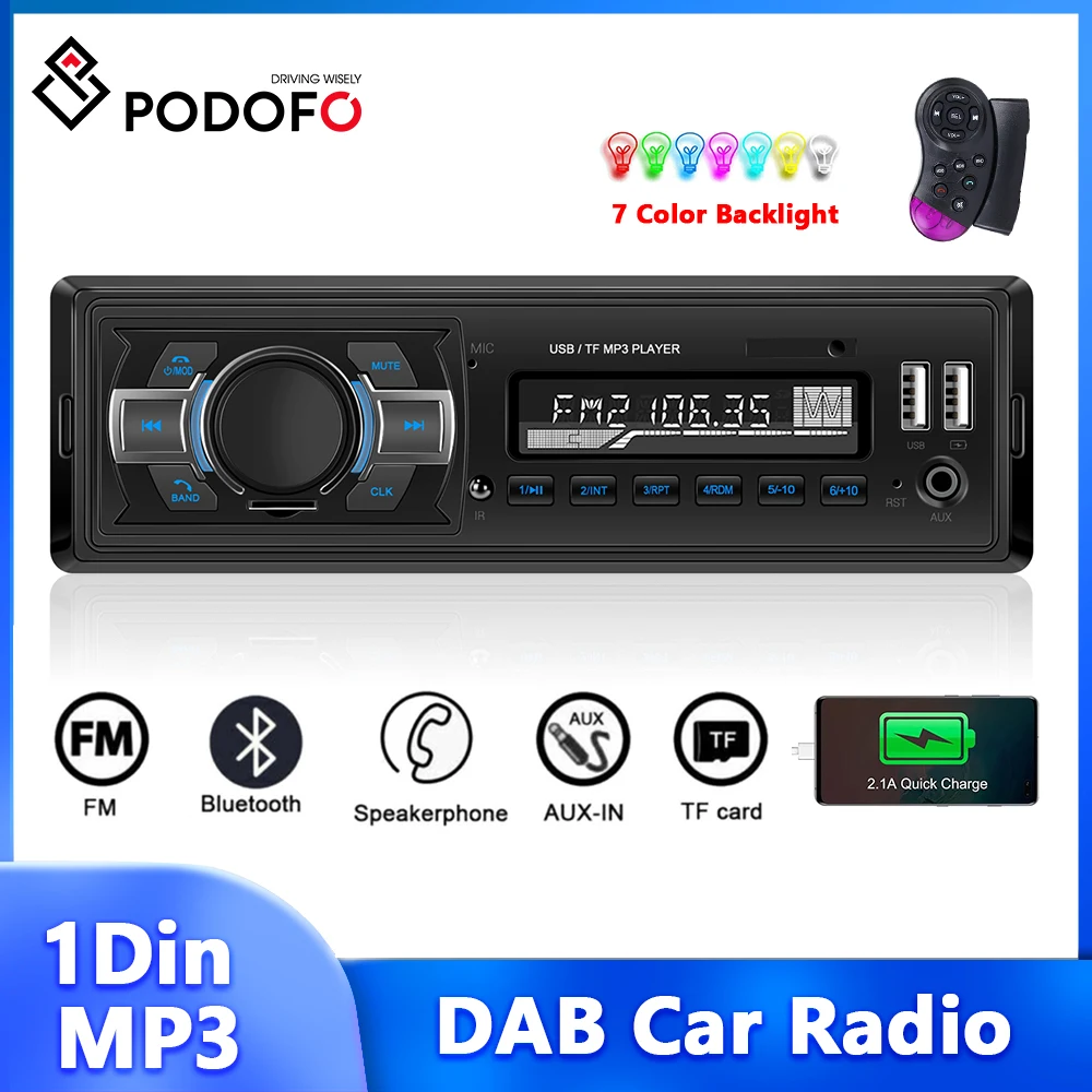 Podofo DAB Car Radio Double Bluetooth 1Din MP3 Player Type-C Charging U disk/AUX In/TF Card RCA Car Audio LCD Display Stereo